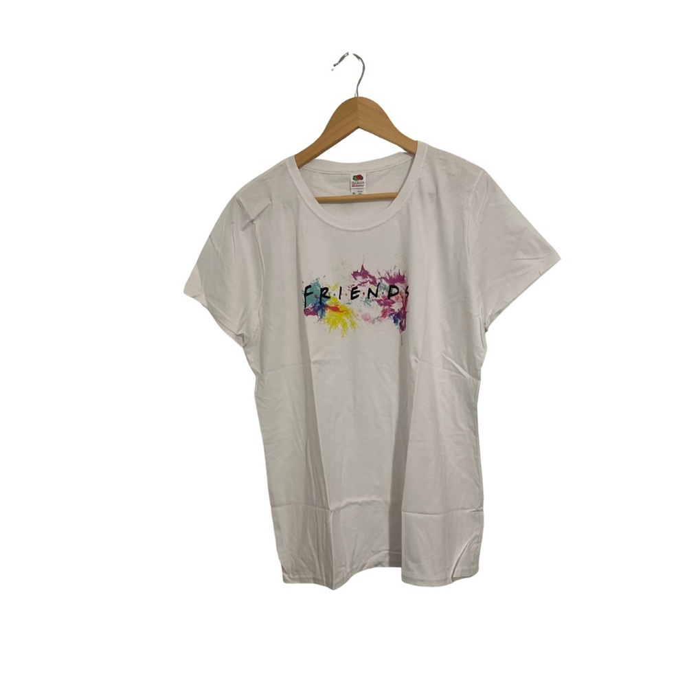 White Graphic Short Sleeve Tee with Colorful Splatter Design (Friends Tee)